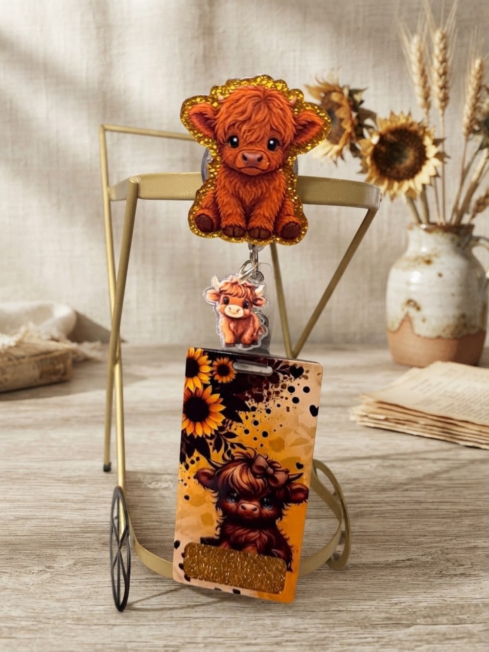 Cute Orange Highland Cow Kids Badge Reel and ID Holder